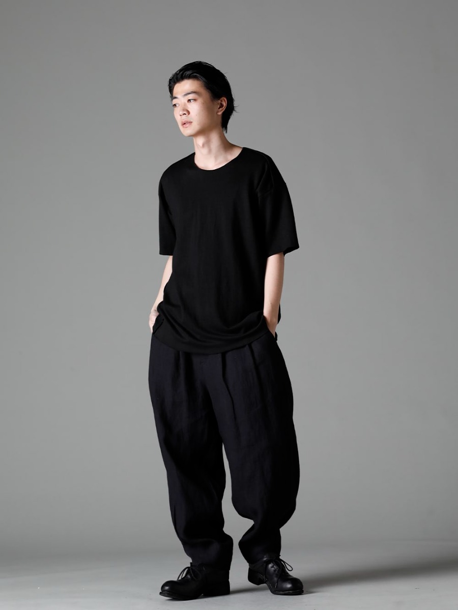 individual sentiments(インディビジュアル センチメンツ) 23SS(春夏) 組み合わせの自由度が高い - CT56S-MJ28-Black-23SS リネンコットンウォッシュジャージーワンピースパターン S/STシャツ ブラック PA85-LI13-Black リネンヘリンボーンハイウエストワイドパンツ ブラック PL10L-BLKT オーソピーディック ダービーシューズ ホース フルグレイン レザー - PL10L 3-004