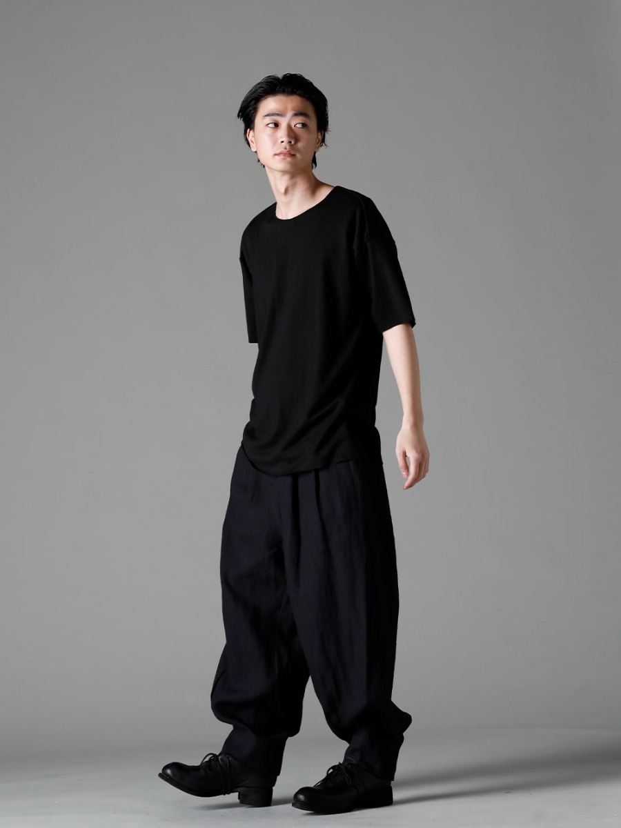 individual sentiments(インディビジュアル センチメンツ) 23SS(春夏) 組み合わせの自由度が高い - CT56S-MJ28-Black-23SS リネンコットンウォッシュジャージーワンピースパターン S/STシャツ ブラック PA85-LI13-Black リネンヘリンボーンハイウエストワイドパンツ ブラック PL10L-BLKT オーソピーディック ダービーシューズ ホース フルグレイン レザー - PL10L 3-005