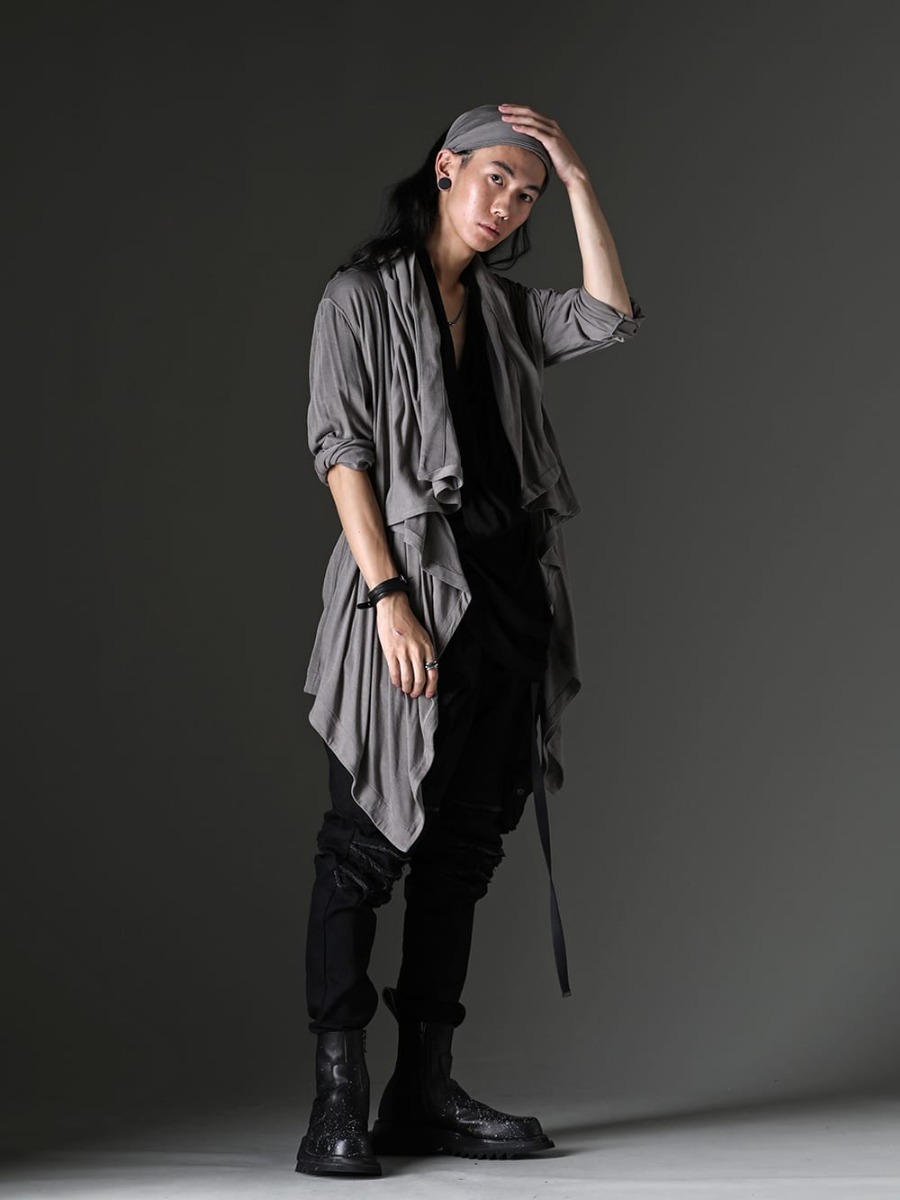 JULIUS 2023SS Styling Combining Masculinity and Alluring Atmosphere - 819CUM3-gray - Cotton/Cupro Jersey Drape Cardigan Gray - 819CUM5-black - Cotton/Cupro Jersey Drape Neck Short Sleeve T-Shirt Black - 819PAM5-BK - 10.5oz Stretch Denim Gas Mask Skinny Pants - 807FWM2-P - Cow Skin Painted Side Zip Boots 1-002