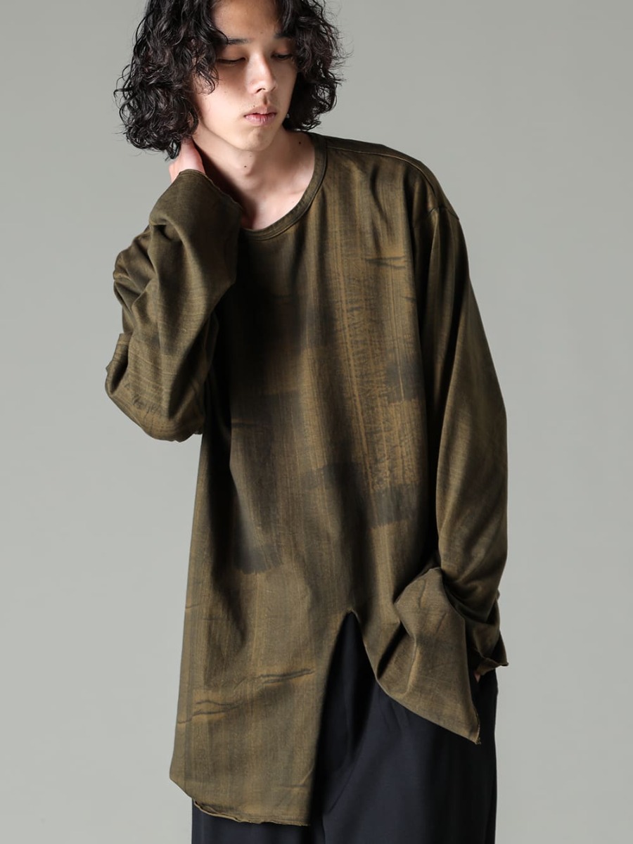 Yohji Yamamoto-ヨウジヤマモト 23-24AW(秋冬) スリットデザインを活かしたアレンジもオススメ！  - HJ-T27-072-Khaki-スリットディテール ロングスリーブTシャツ カーキ - MJ-P16-134-パネルサスペンダーパンツ - Handsewn-Classic-Lo-ハンドソーン クラシック ロー 2-004