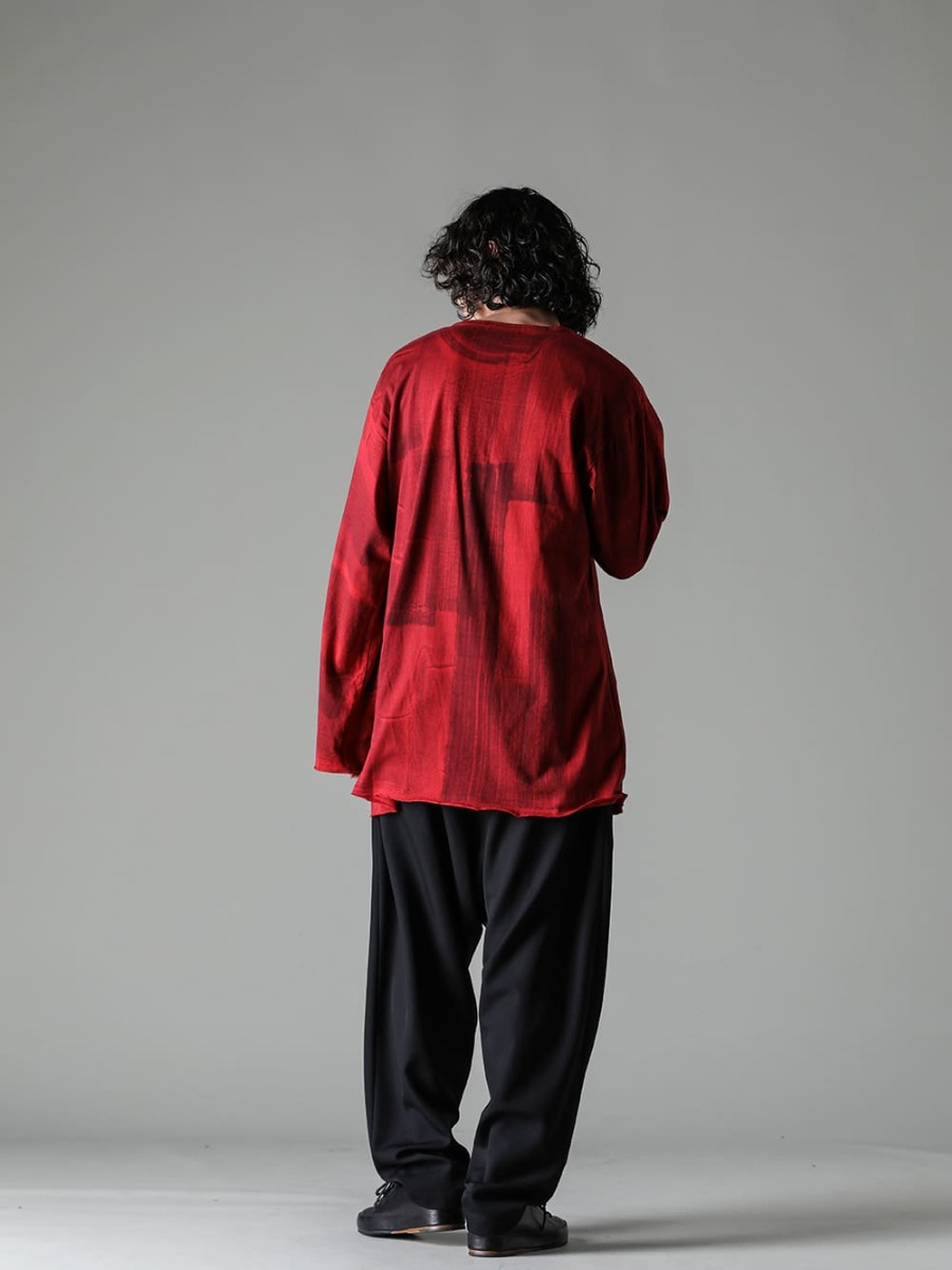 Yohji Yamamoto-ヨウジヤマモト 23-24AW(秋冬) スリットデザインを活かしたアレンジもオススメ！  - HJ-T27-072-Red-スリットディテール ロングスリーブTシャツ レッド - MJ-P16-134-パネルサスペンダーパンツ - Handsewn-Classic-Lo-ハンドソーン クラシック ロー 2-009