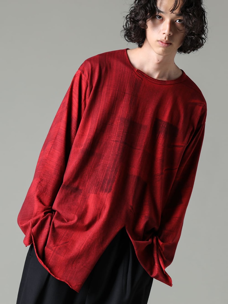 Yohji Yamamoto-ヨウジヤマモト 23-24AW(秋冬) スリットデザインを活かしたアレンジもオススメ！  - HJ-T27-072-Red-スリットディテール ロングスリーブTシャツ レッド - MJ-P16-134-パネルサスペンダーパンツ - Handsewn-Classic-Lo-ハンドソーン クラシック ロー 2-010