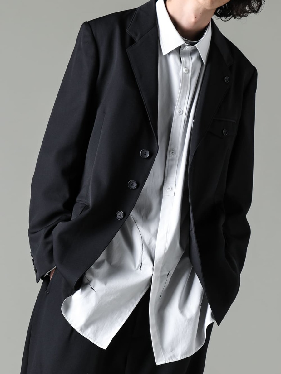 Yohji Yamamoto - Yohji Yamamoto 23-24AW Freedom of dressing: Combination of broadcloth and cellulose-lawn reversible shirt  - HJ-J27-100-Left 2 Layered Lapel 3Button Jacket - HJ-B73-515-Black White Spare Colloar Blouse 2-003