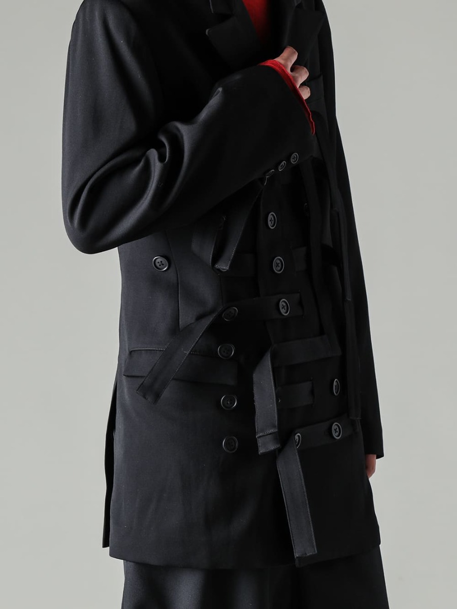 Yohji Yamamoto-ヨウジヤマモト 23-24AW(秋冬) 今季を象徴するディテールのダブルジャケット  - HJ-J70-126-スタンドカラーベルテッドダブルジャケット - HJ-T27-072-Red-スリットディテール ロングスリーブTシャツ レッド 2-003