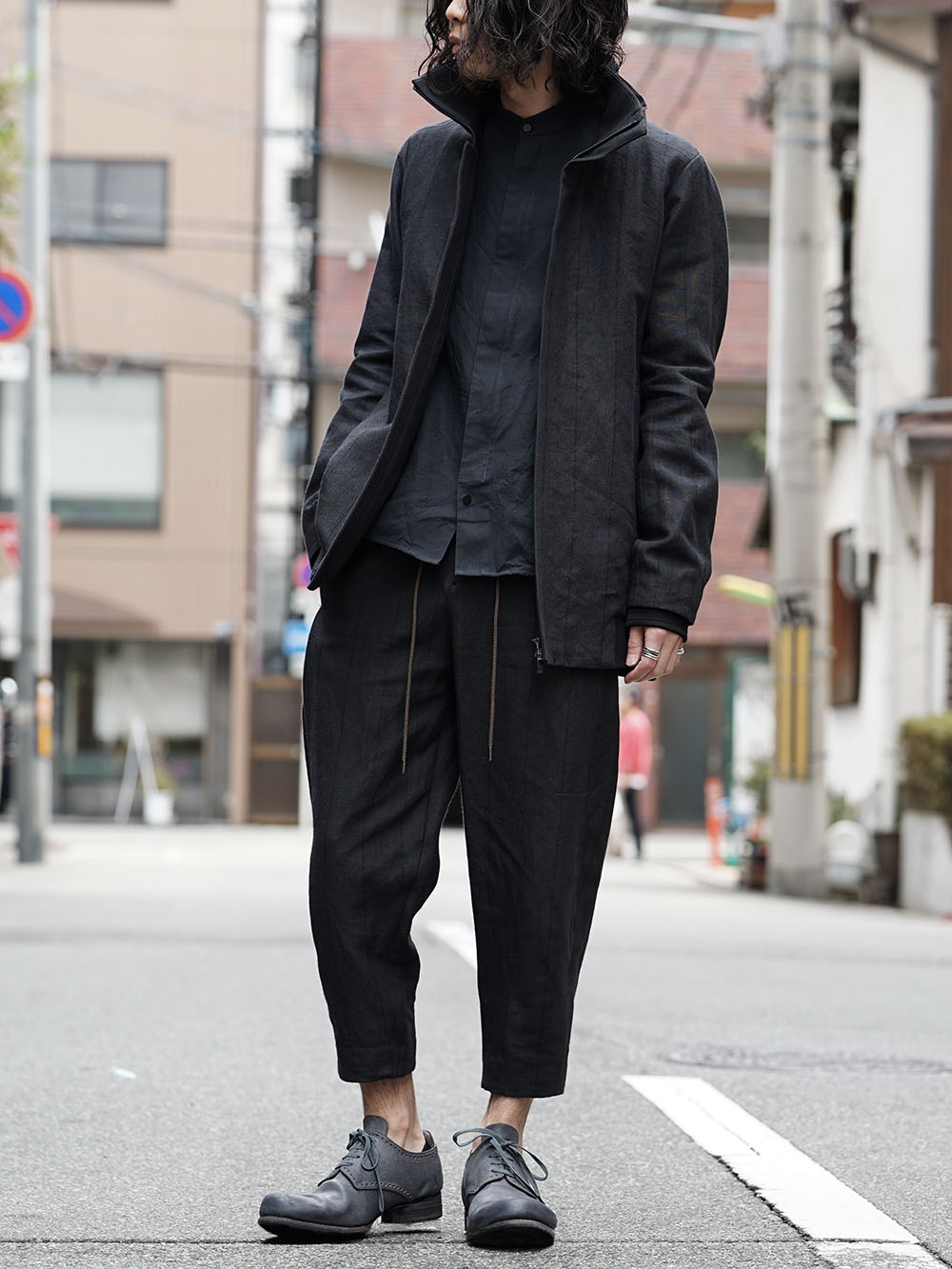 DEVOA Coat Stripe Bio-processing and Cropped Pants Stripe 01